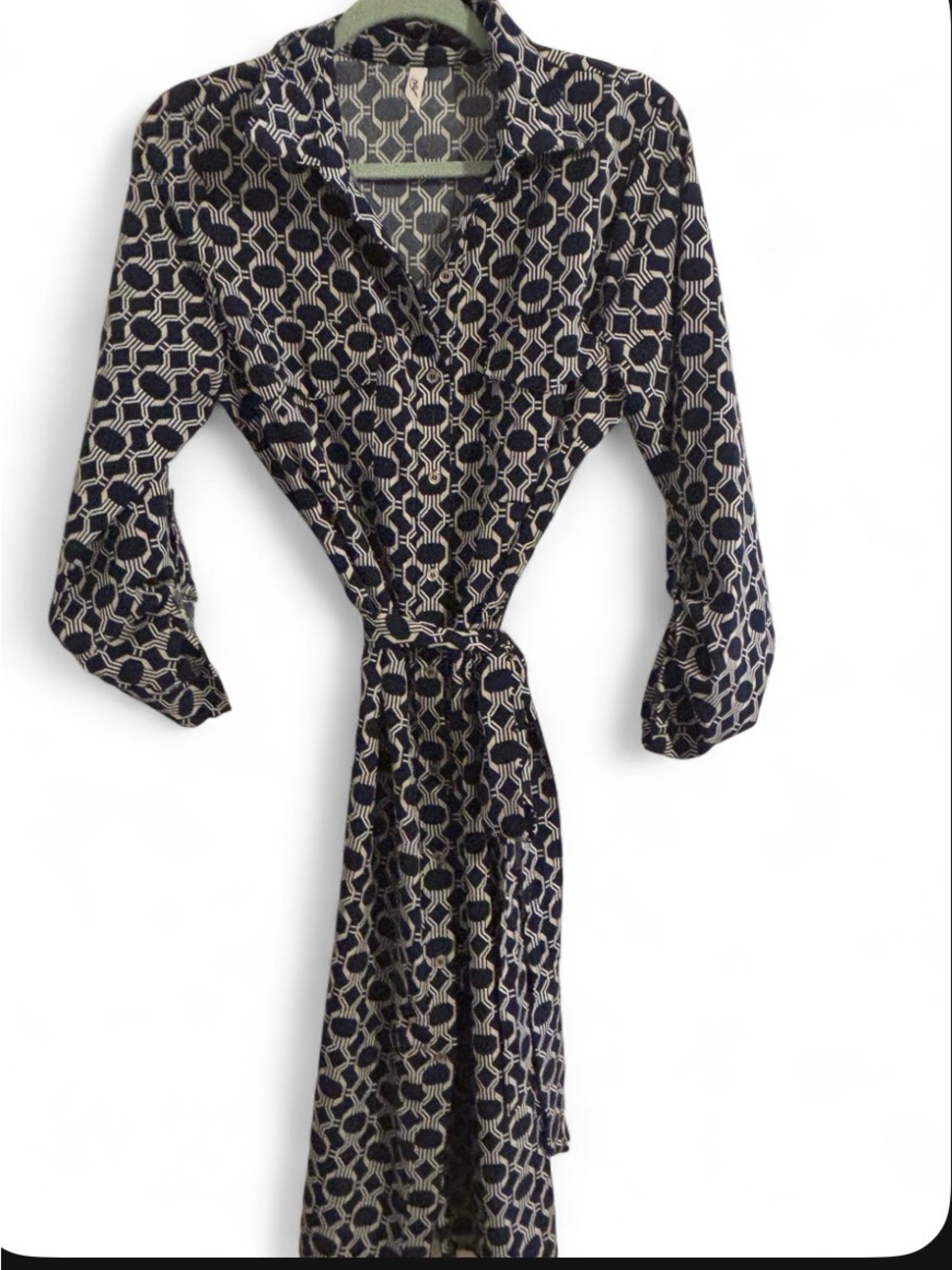 Women's Navy and Cream Geometric Wrap Robe - Unbranded